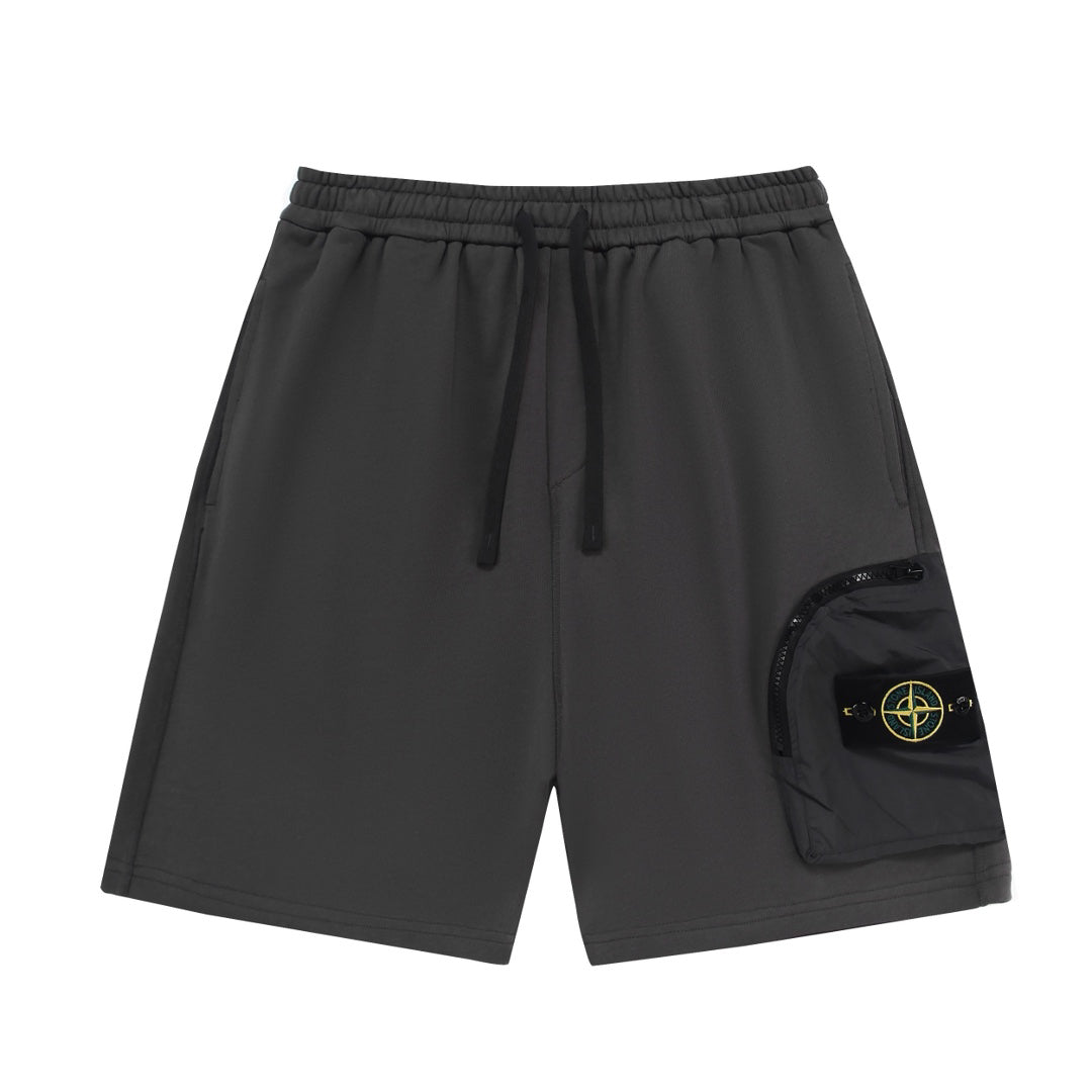 Stone Island Cotton Fleece Cargo Shorts with Nylon Cargo Pocket and Yellow-Green Compass Badge