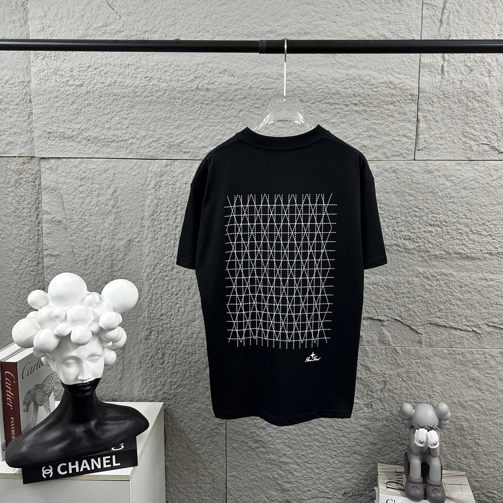 Stone Island Script Logo Embroidery T-Shirt with Dashed Geometric Lattice Back Print