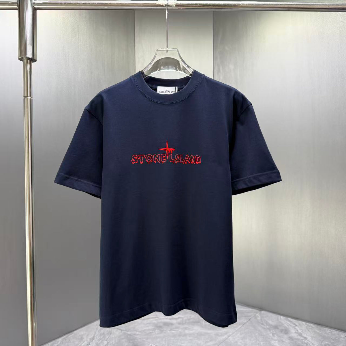 Stone Island Spring–Summer 2026 T-Shirt — Flock-Print Bubble Letter Logo, Compass Star Centre Chest