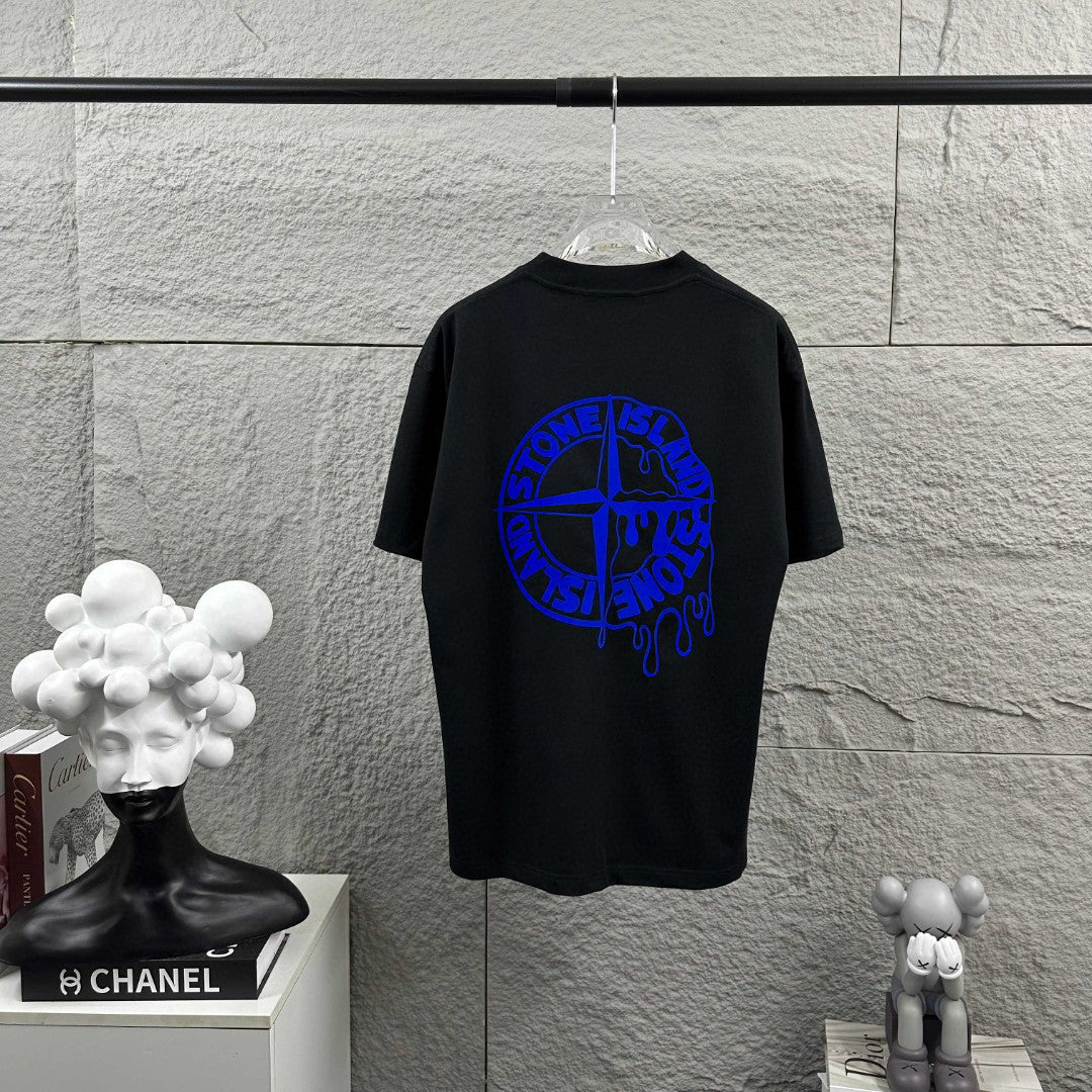 Stone Island Melting Compass Rose 3D Flock Print T-Shirt - Cobalt Blue Star at Chest, Oversized Melting Badge at Back