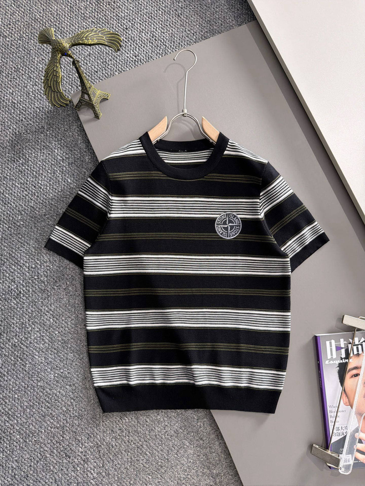 Stone Island Fine Gauge Knit Striped T-Shirt with Circular Compass Badge
