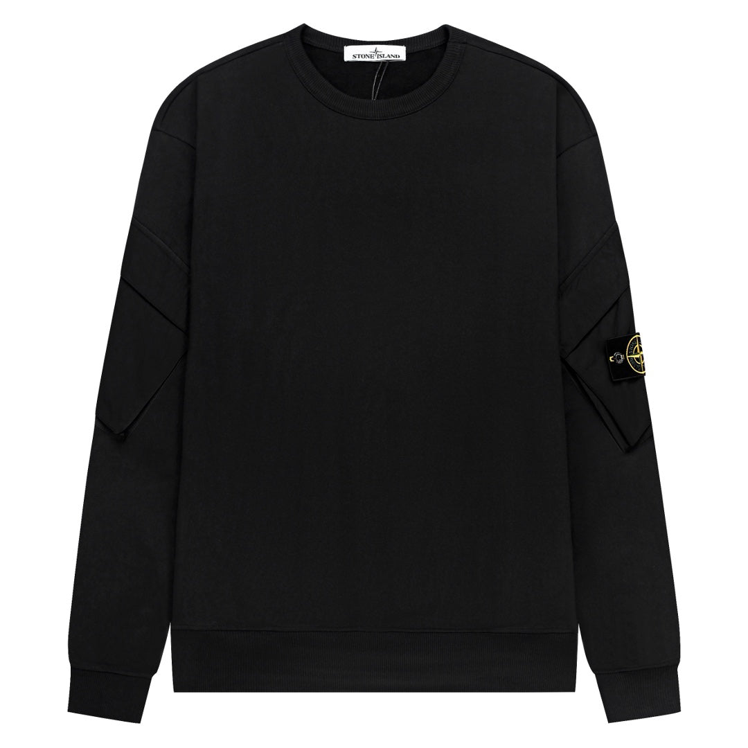 Stone Island Cotton Crew Neck Sweatshirt with Bilateral Sleeve Open Cargo Pockets and Compass Badge