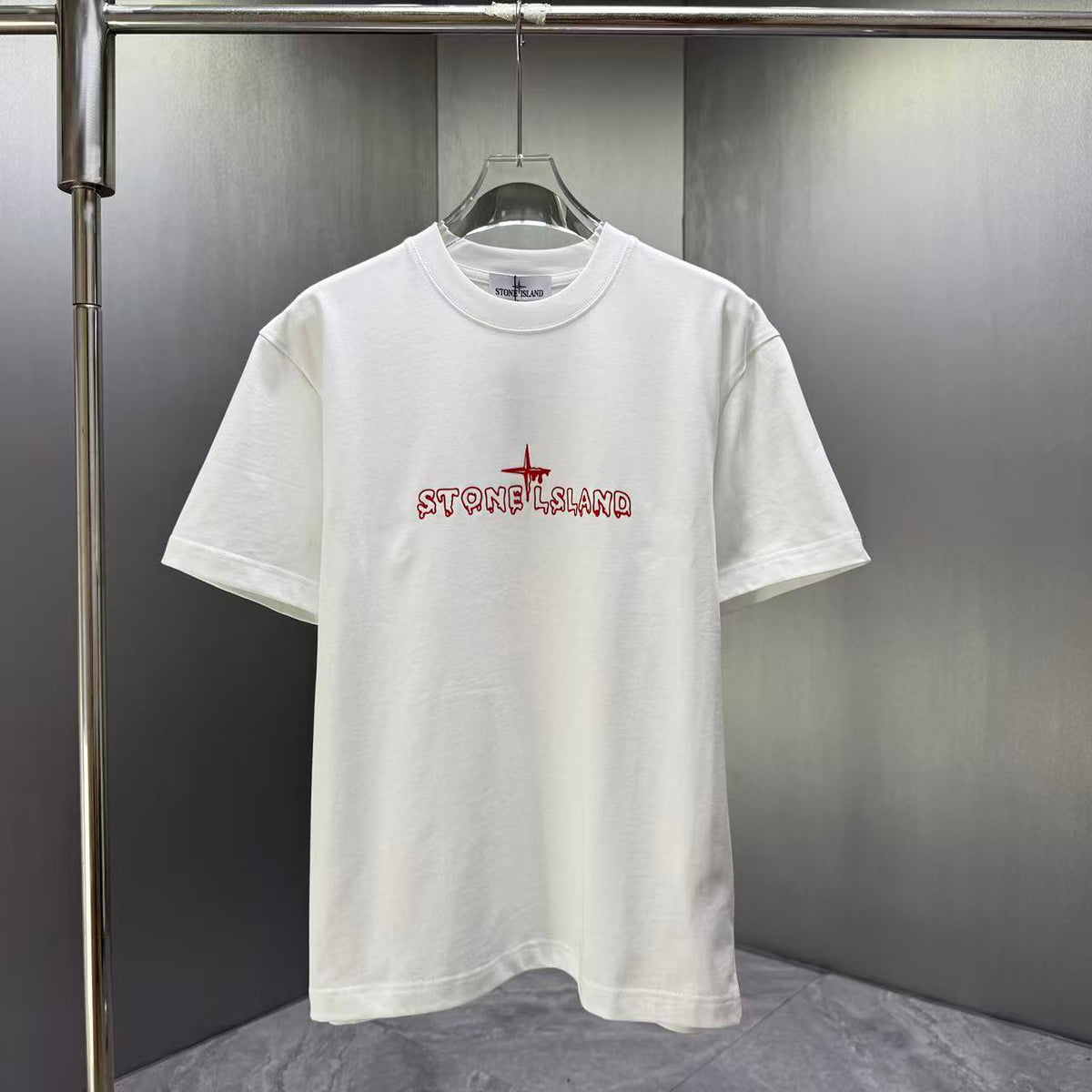 Stone Island Spring–Summer 2026 T-Shirt — Flock-Print Bubble Letter Logo, Compass Star Centre Chest