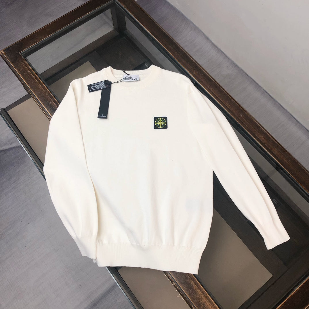 Stone Island Fine-Knit Crew Neck Pullover Sweater with Chest Compass Badge