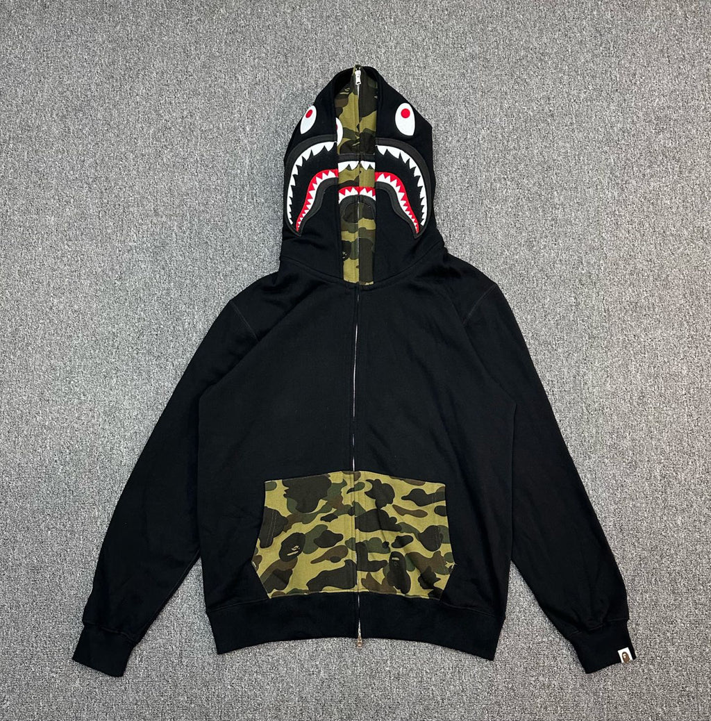 BAPE SS25 Shark Full-Zip Double Hood Hoodie — Color-Block Camo