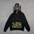 BAPE SS25 Shark Full-Zip Double Hood Hoodie — Color-Block Camo