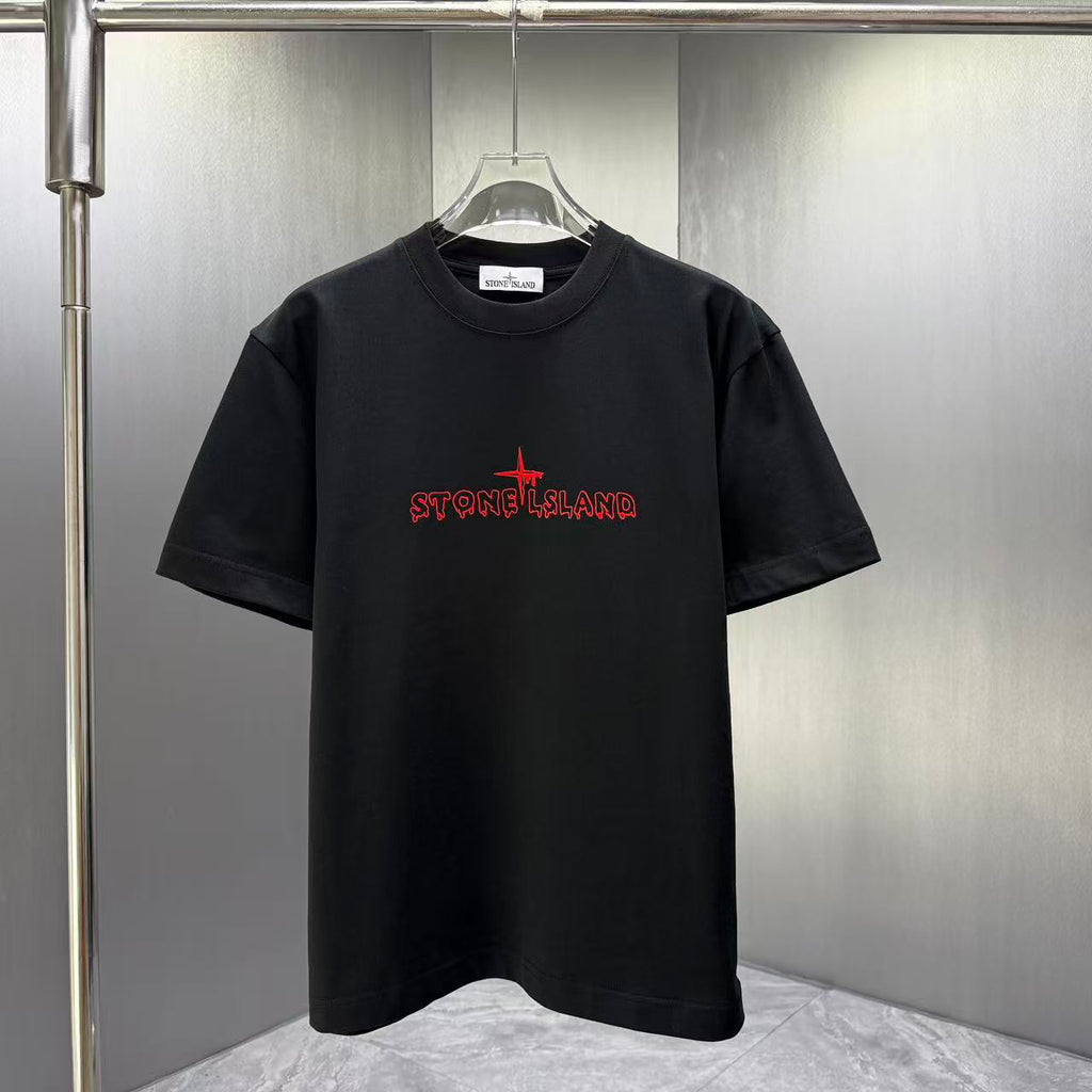 Stone Island Spring–Summer 2026 T-Shirt — Flock-Print Bubble Letter Logo, Compass Star Centre Chest