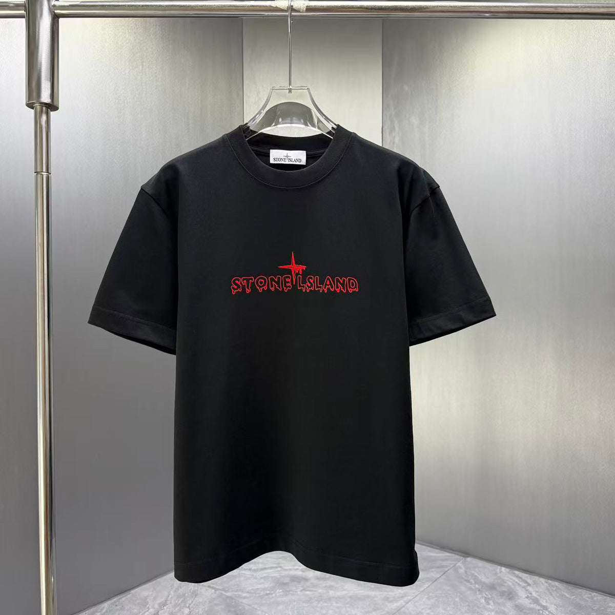 Stone Island Spring–Summer 2026 T-Shirt — Flock-Print Bubble Letter Logo, Compass Star Centre Chest