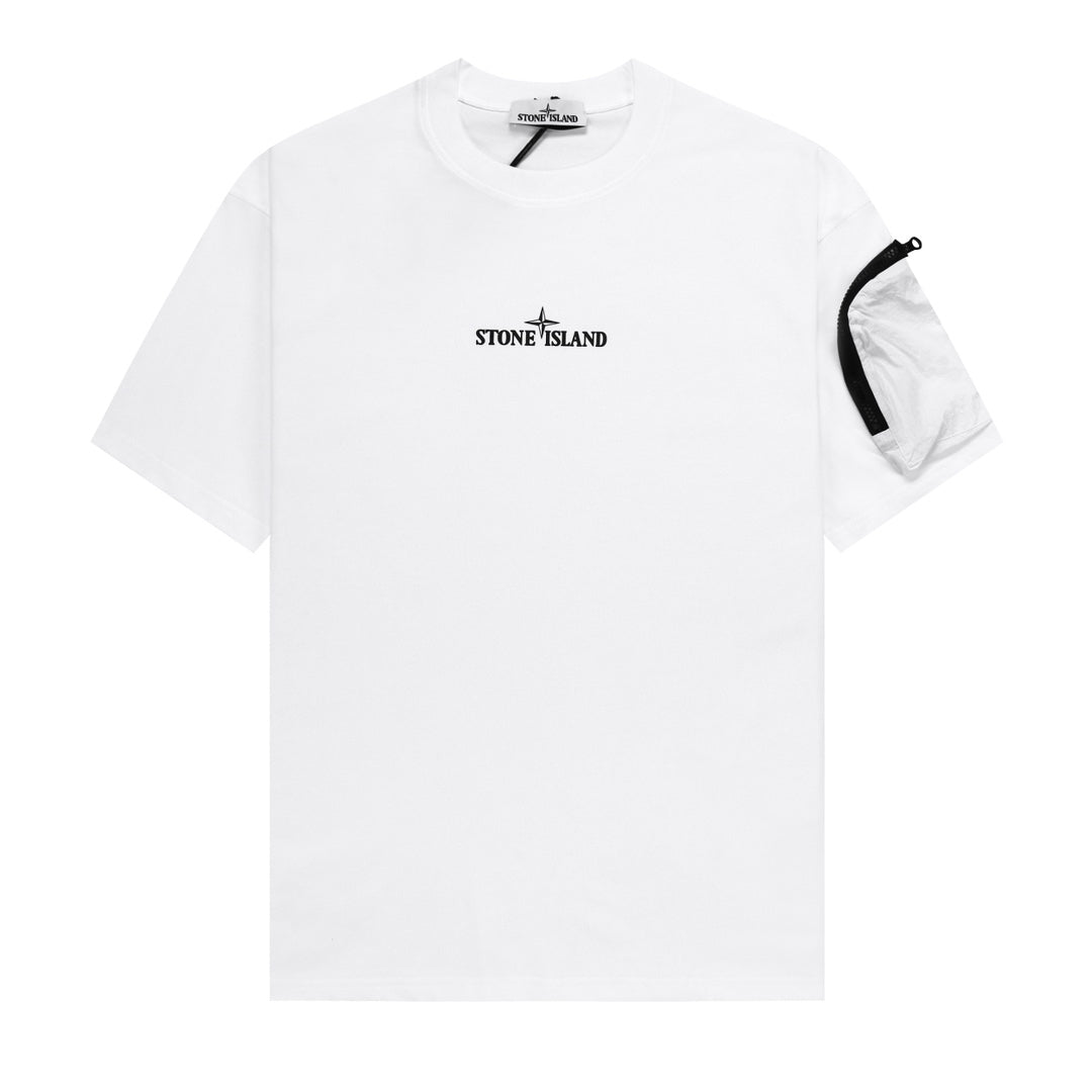 Stone Island Centre Chest Logo Crew Neck T-Shirt with Right Sleeve Nylon Zip Pocket
