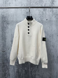 Stone Island Wool Knit Half-Button Mock Neck Sweater with Compass Badge on Sleeve