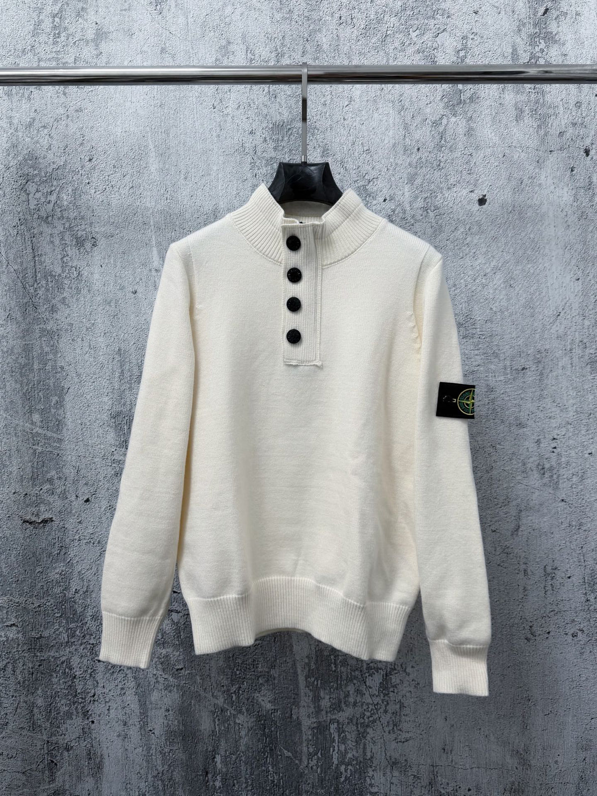 Stone Island Wool Knit Half-Button Mock Neck Sweater with Compass Badge on Sleeve