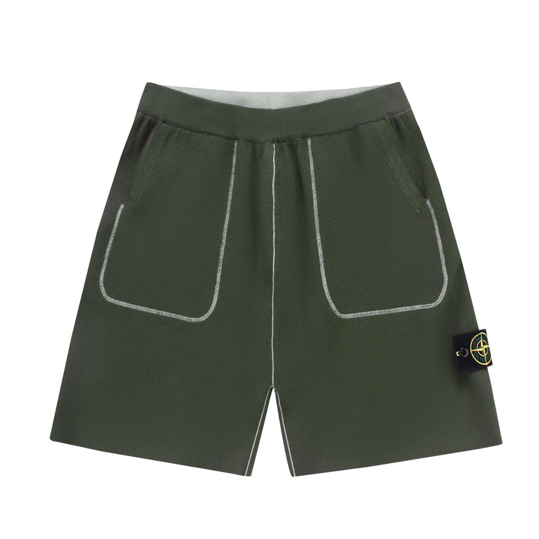 Stone Island Technical Fabric Shorts with Bilateral Front Patch Pockets Contrast Topstitching and Compass Badge
