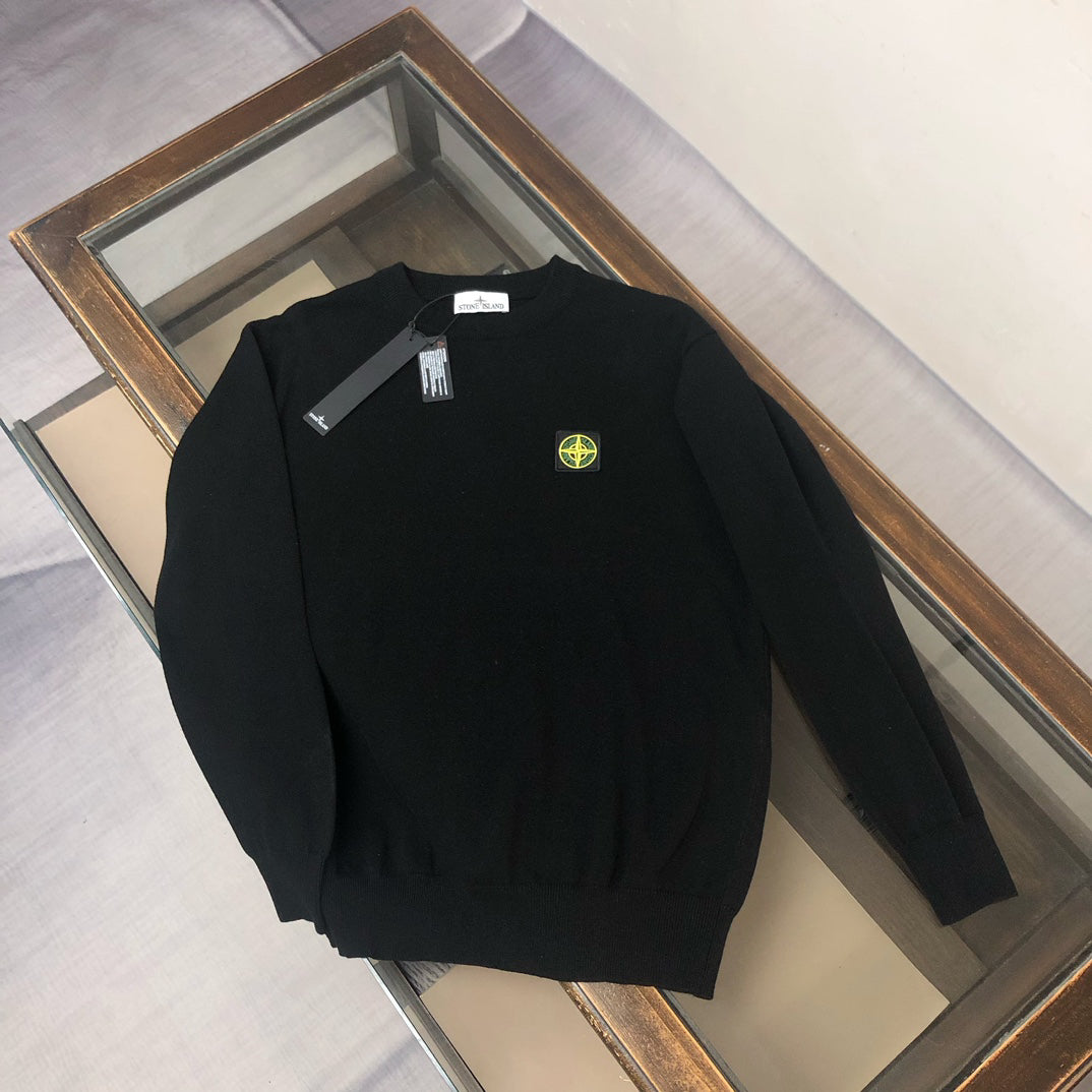Stone Island Fine-Knit Crew Neck Pullover Sweater with Chest Compass Badge