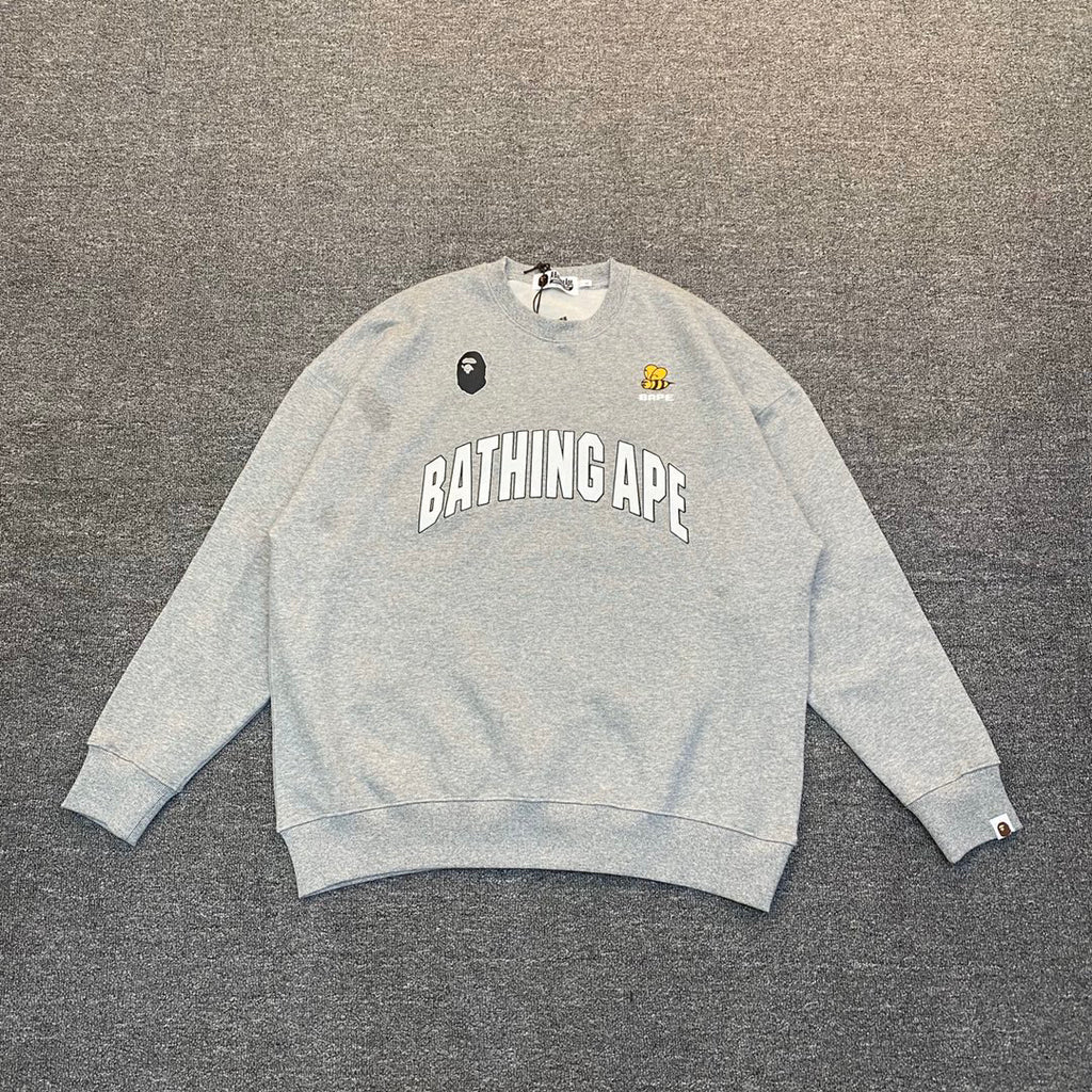 BAPE Bee Collegiate Arch "Bathing Ape" Contrast Crewneck Sweatshirt - Gray / Blue / Black