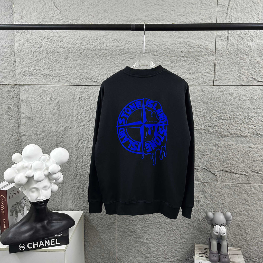Stone Island Early Autumn–Winter 2026 Sweatshirt — Dripping Compass Star Flocked Logo at Left Chest, Dripping Compass Badge at Centre Back