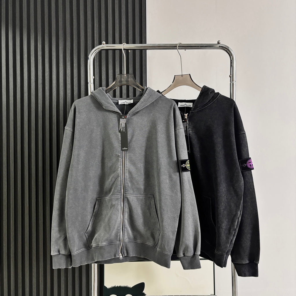 Stone Island Washed Zip-Up Hoodie with Purple Compass Badge