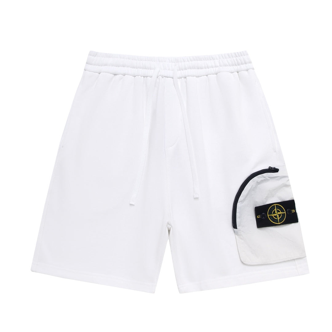 Stone Island Cotton Fleece Cargo Shorts with Nylon Cargo Pocket and Yellow-Green Compass Badge