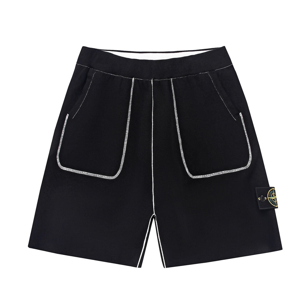 Stone Island Technical Fabric Shorts with Bilateral Front Patch Pockets Contrast Topstitching and Compass Badge