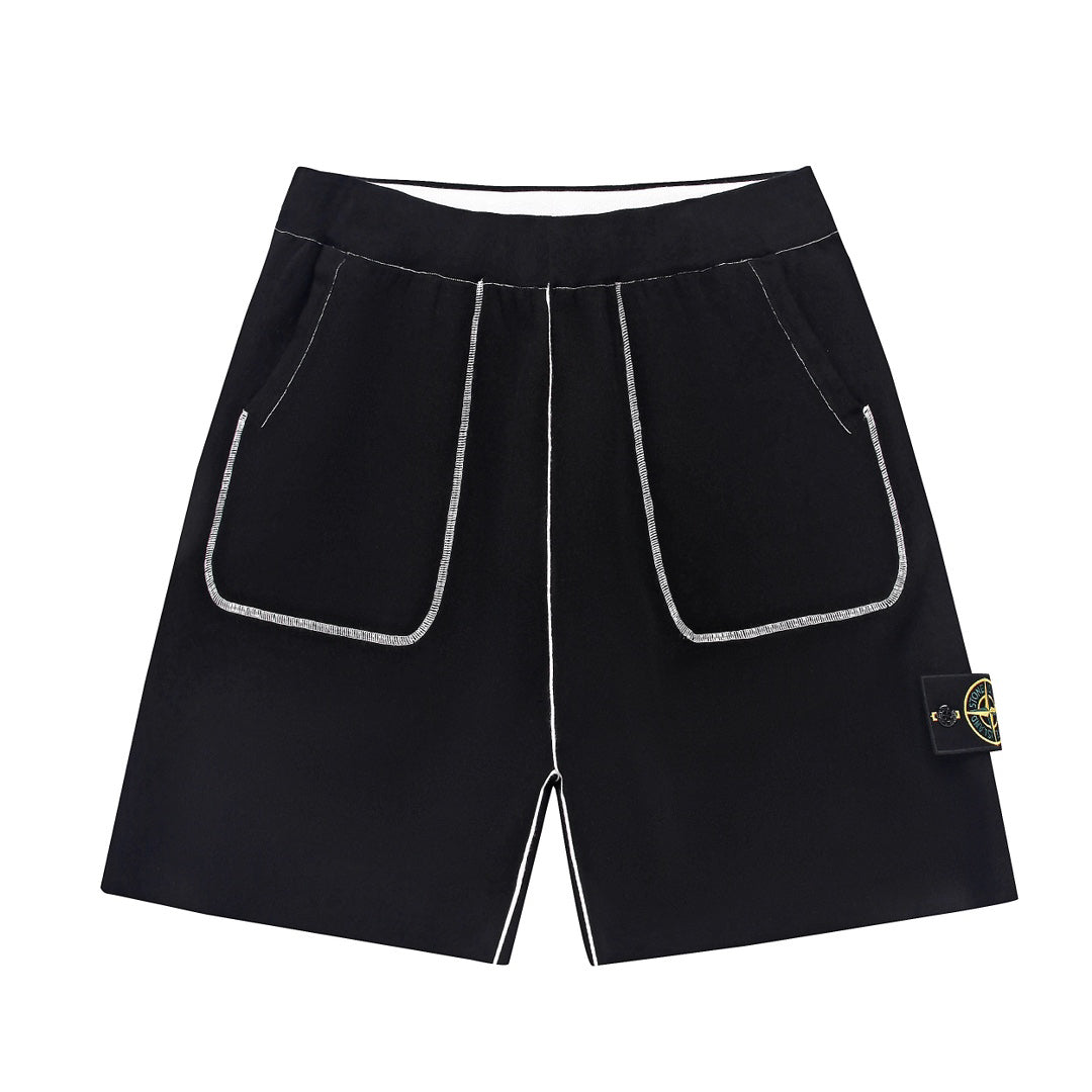 Stone Island Technical Fabric Shorts with Bilateral Front Patch Pockets Contrast Topstitching and Compass Badge