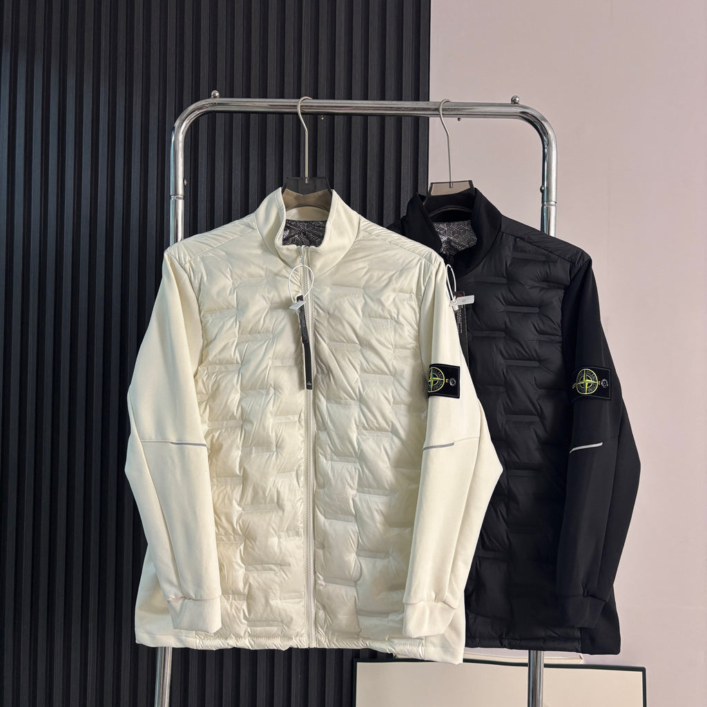 Stone Island Hybrid Down Jacket with Geometric Quilting and Compass Badge