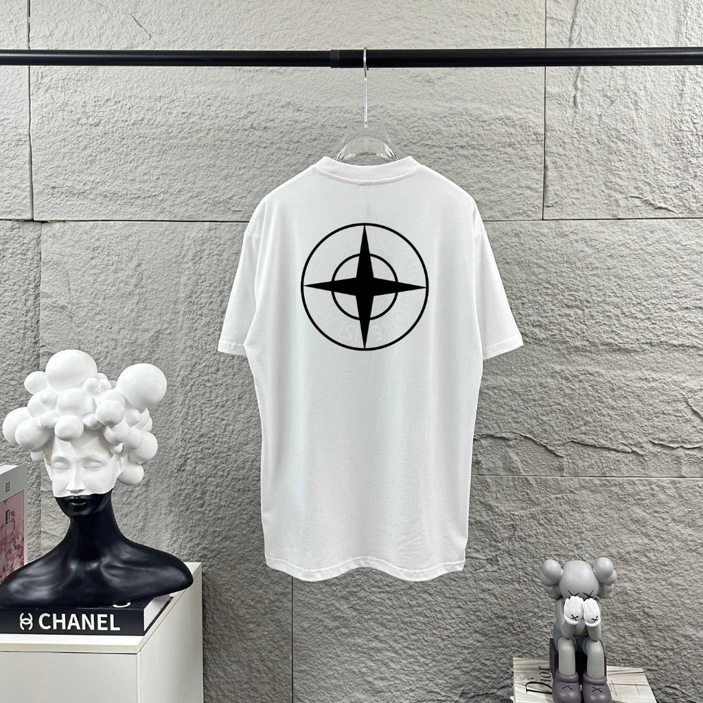 Stone Island Engineering and Garment Dyeing Expertise Heat-Transfer Print T-Shirt - Compass Badge Back, Coordinates Front