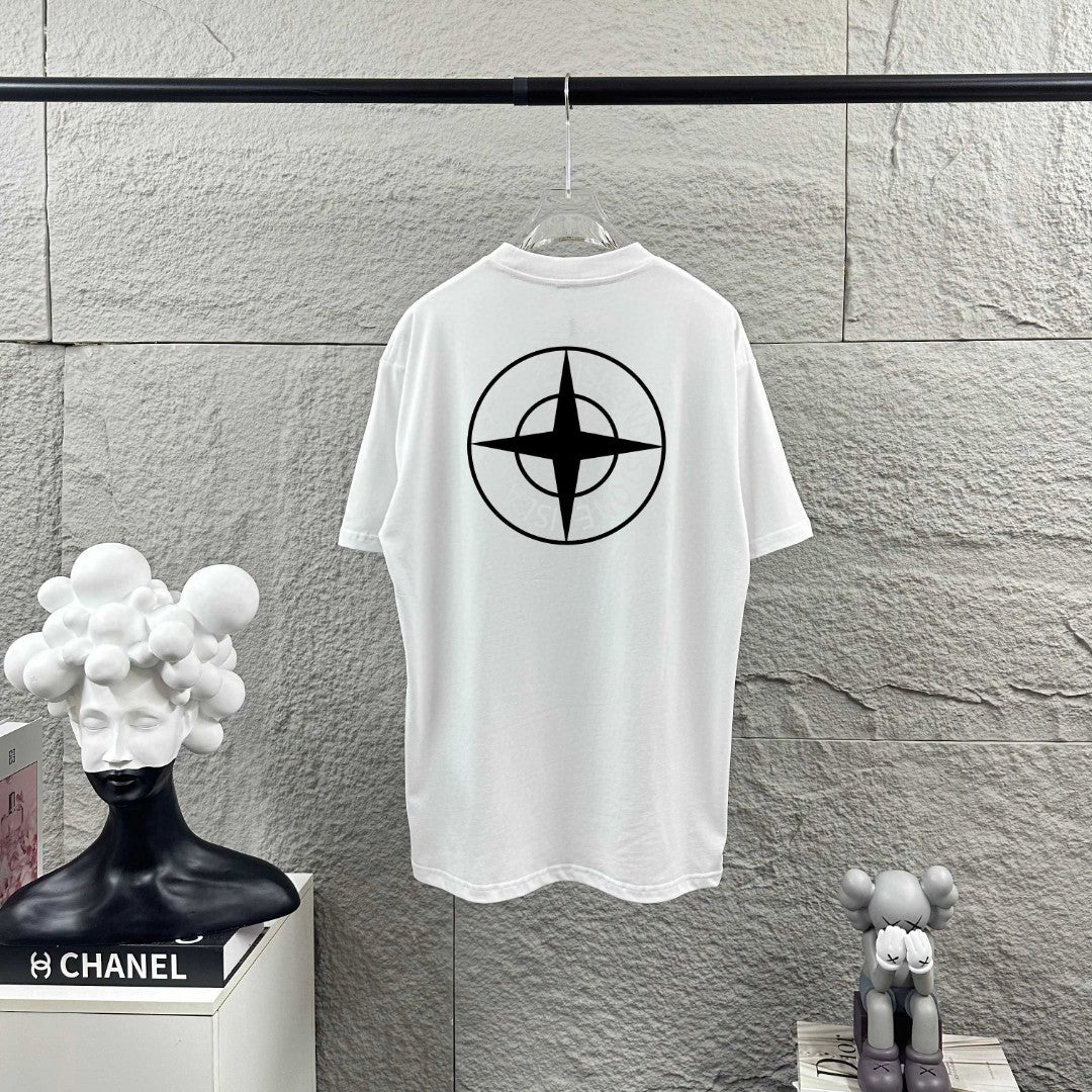 Stone Island Engineering and Garment Dyeing Expertise Heat-Transfer Print T-Shirt - Compass Badge Back, Coordinates Front