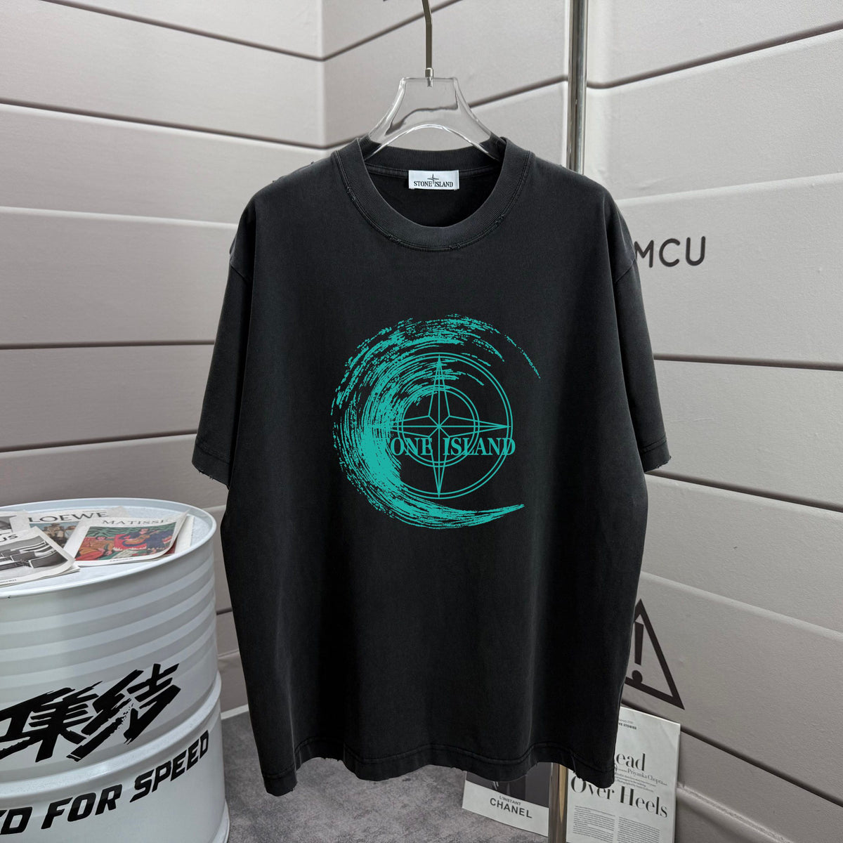 Stone Island Spring–Summer 2026 T-Shirt — 320gsm Washed Distressed Cotton, Teal Swirl Brushstroke Compass Rose Print