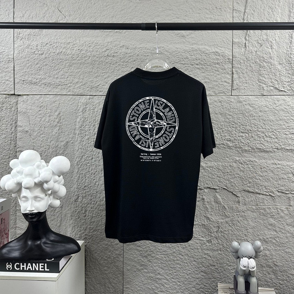 Stone Island Spring–Summer 2026 Distressed Compass Rose Heat-Transfer Print T-Shirt - Front Text Stack, Oversized Back Badge