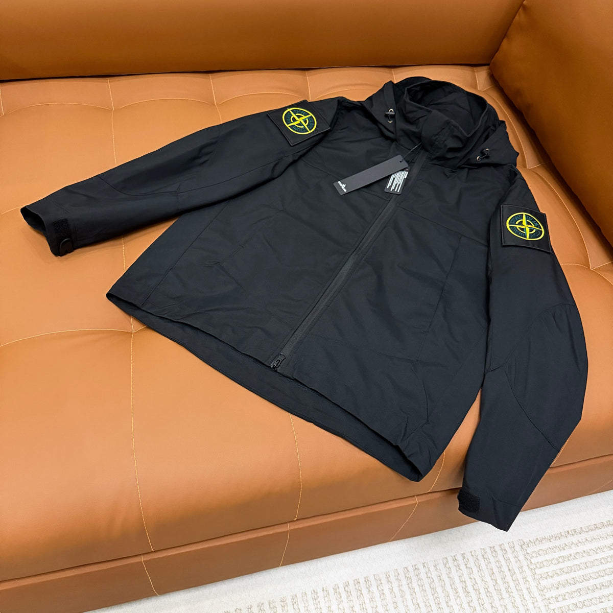Stone Island Hooded Shell Jacket — Yellow & Teal Embroidered Compass Badge, YKK Full-Length Concealed Zip, Storm Flap