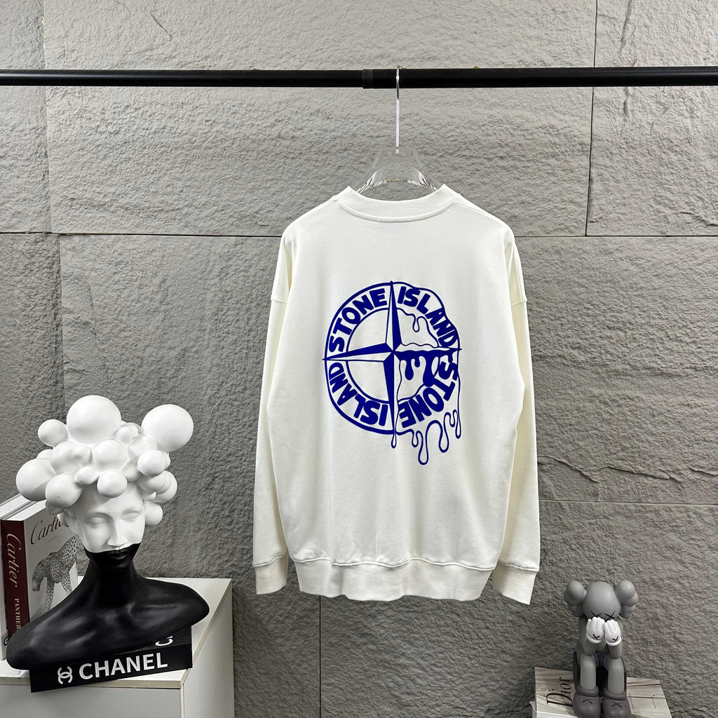 Stone Island Early Autumn–Winter 2026 Sweatshirt — Dripping Compass Star Flocked Logo at Left Chest, Dripping Compass Badge at Centre Back