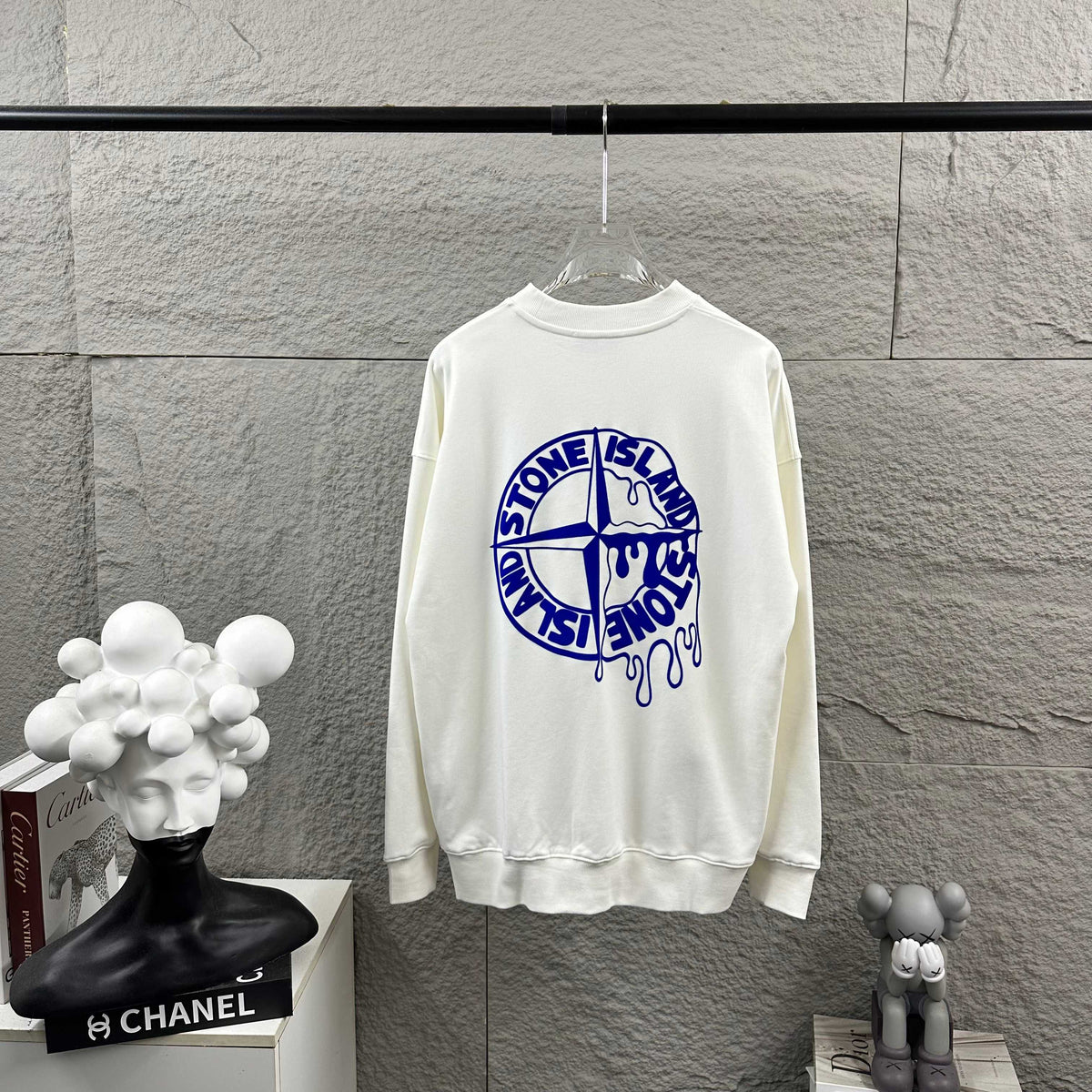 Stone Island Early Autumn–Winter 2026 Sweatshirt — Dripping Compass Star Flocked Logo at Left Chest, Dripping Compass Badge at Centre Back