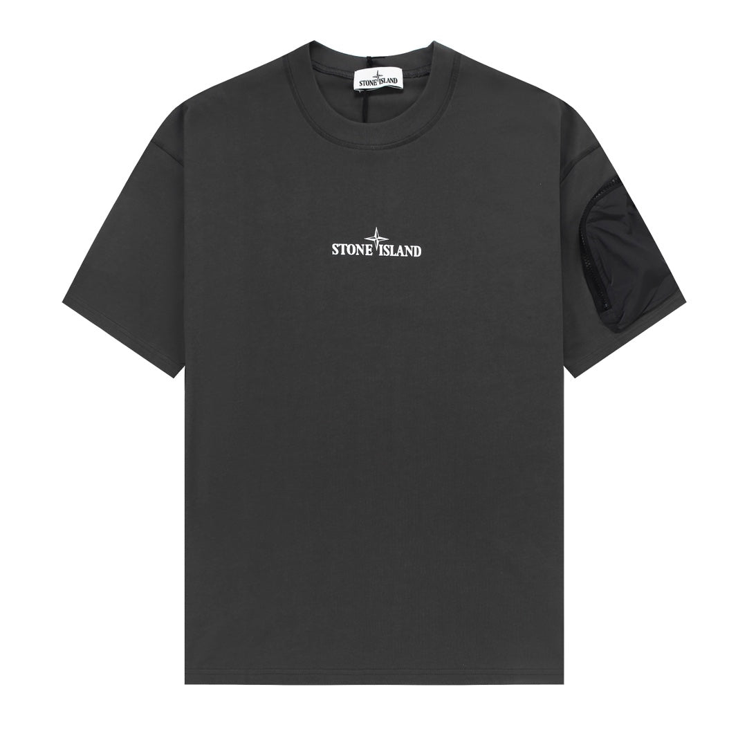 Stone Island Centre Chest Logo Crew Neck T-Shirt with Right Sleeve Nylon Zip Pocket
