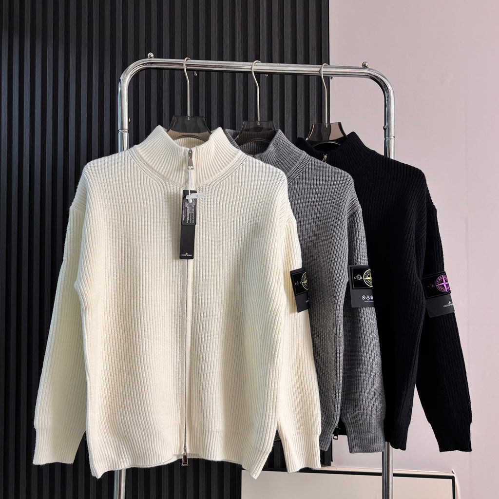 Stone Island Chunky-Rib Full-Zip Knit Cardigan with Compass Badge
