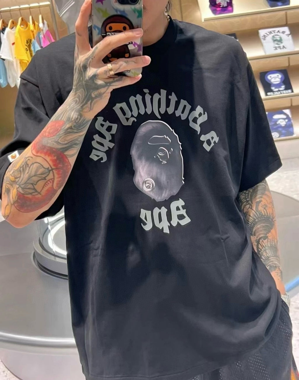 BAPE FW25 Old English Gothic Photorealistic Ape Face Oversized Heavyweight Unisex T-Shirt