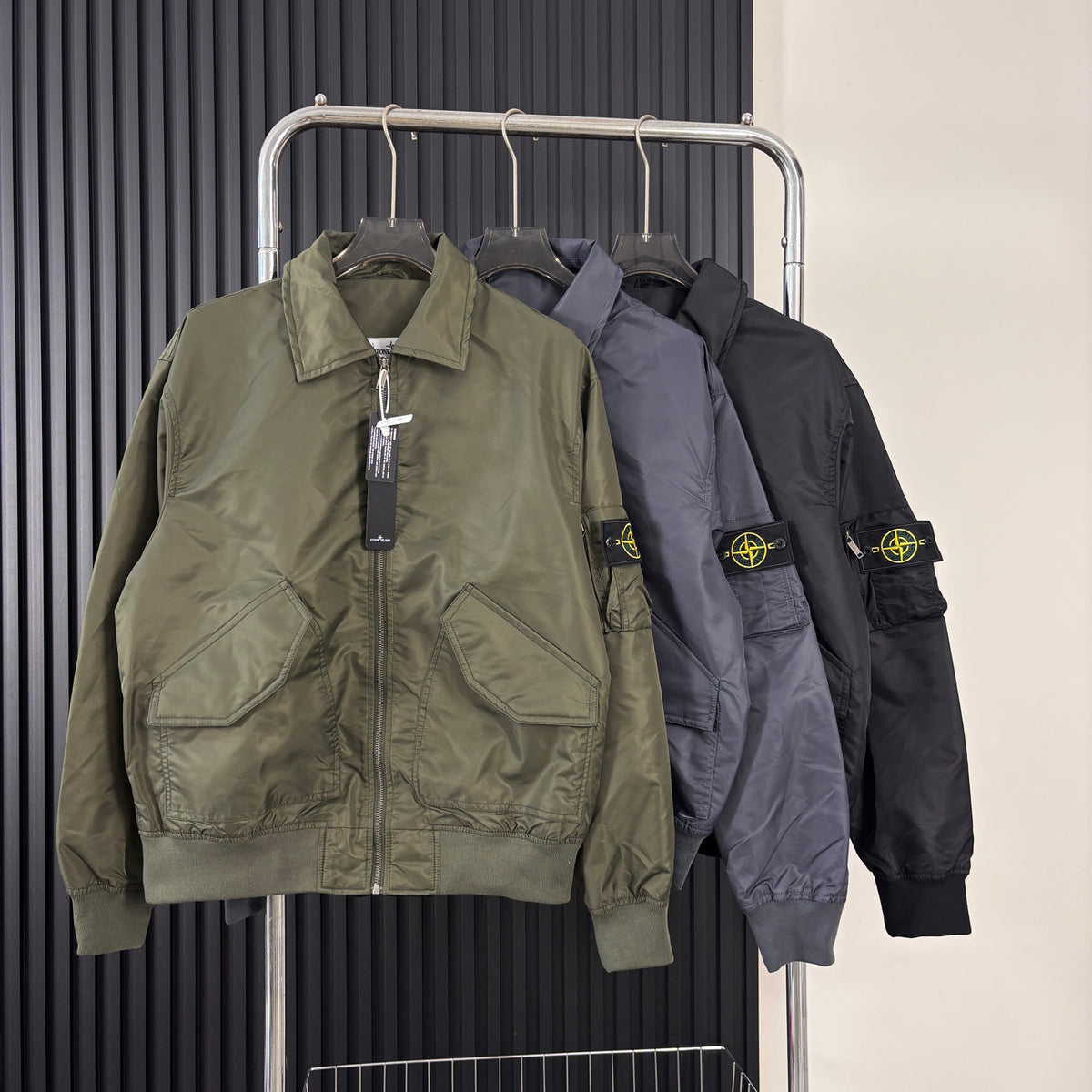 Stone Island Nylon Bomber Jacket with Point Collar and Compass Badge