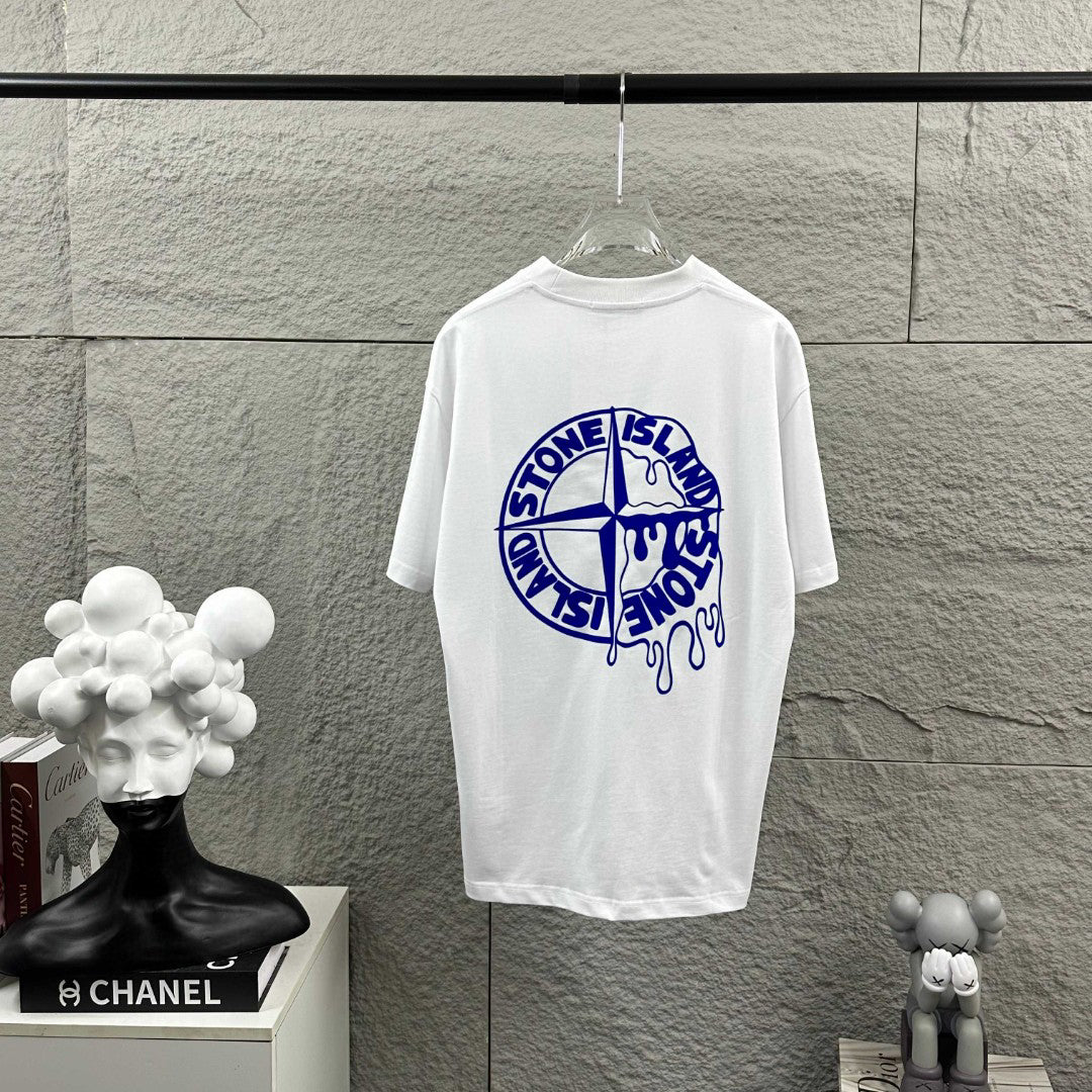 Stone Island Melting Compass Rose 3D Flock Print T-Shirt - Cobalt Blue Star at Chest, Oversized Melting Badge at Back