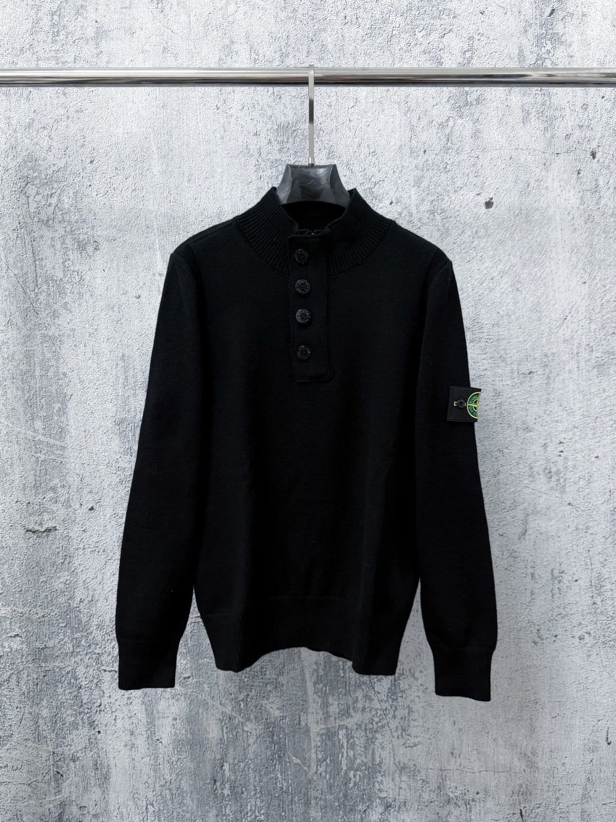 Stone Island Wool Knit Half-Button Mock Neck Sweater with Compass Badge on Sleeve