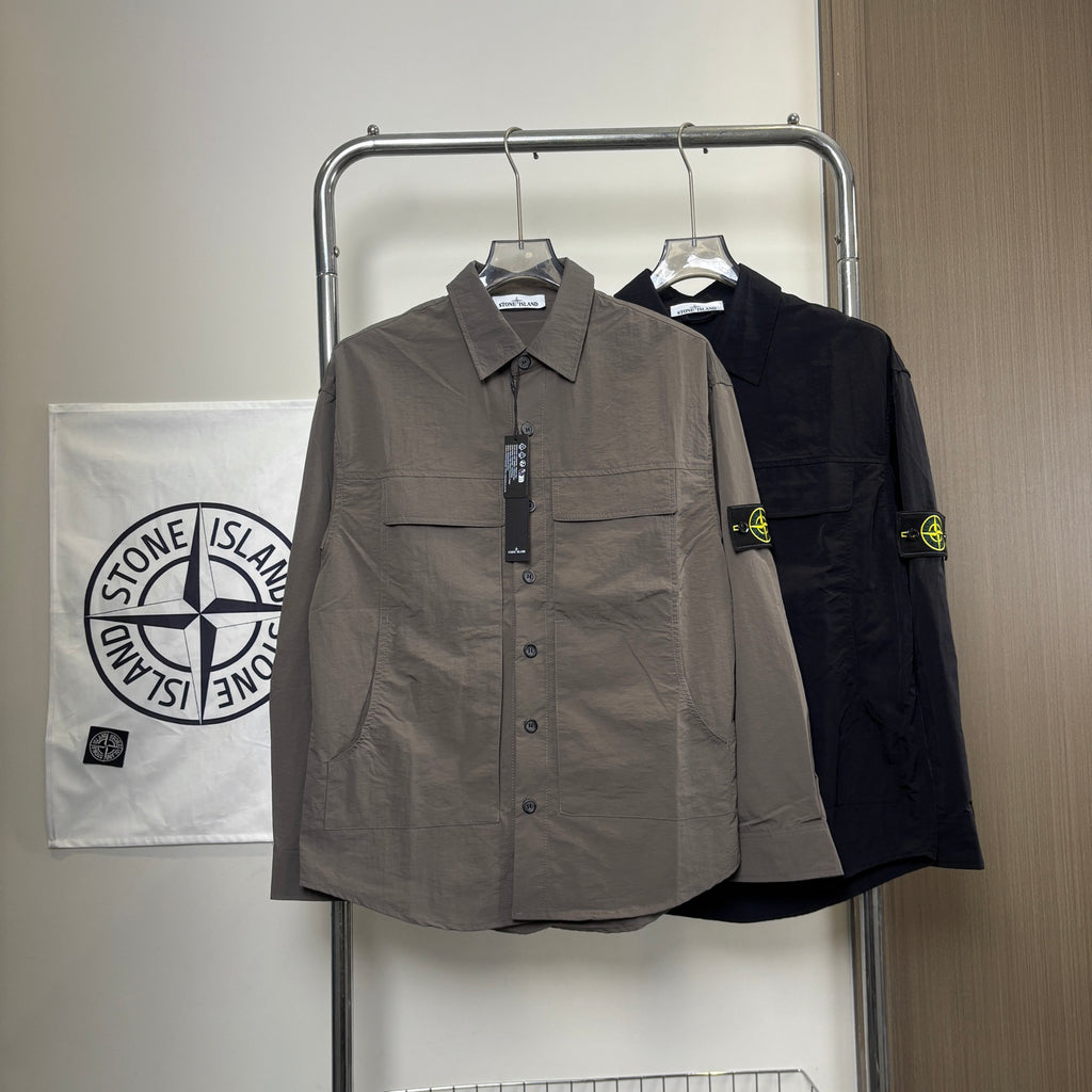 Stone Island Crinkle Nylon Overshirt with Flap Chest Pockets and Compass Badge