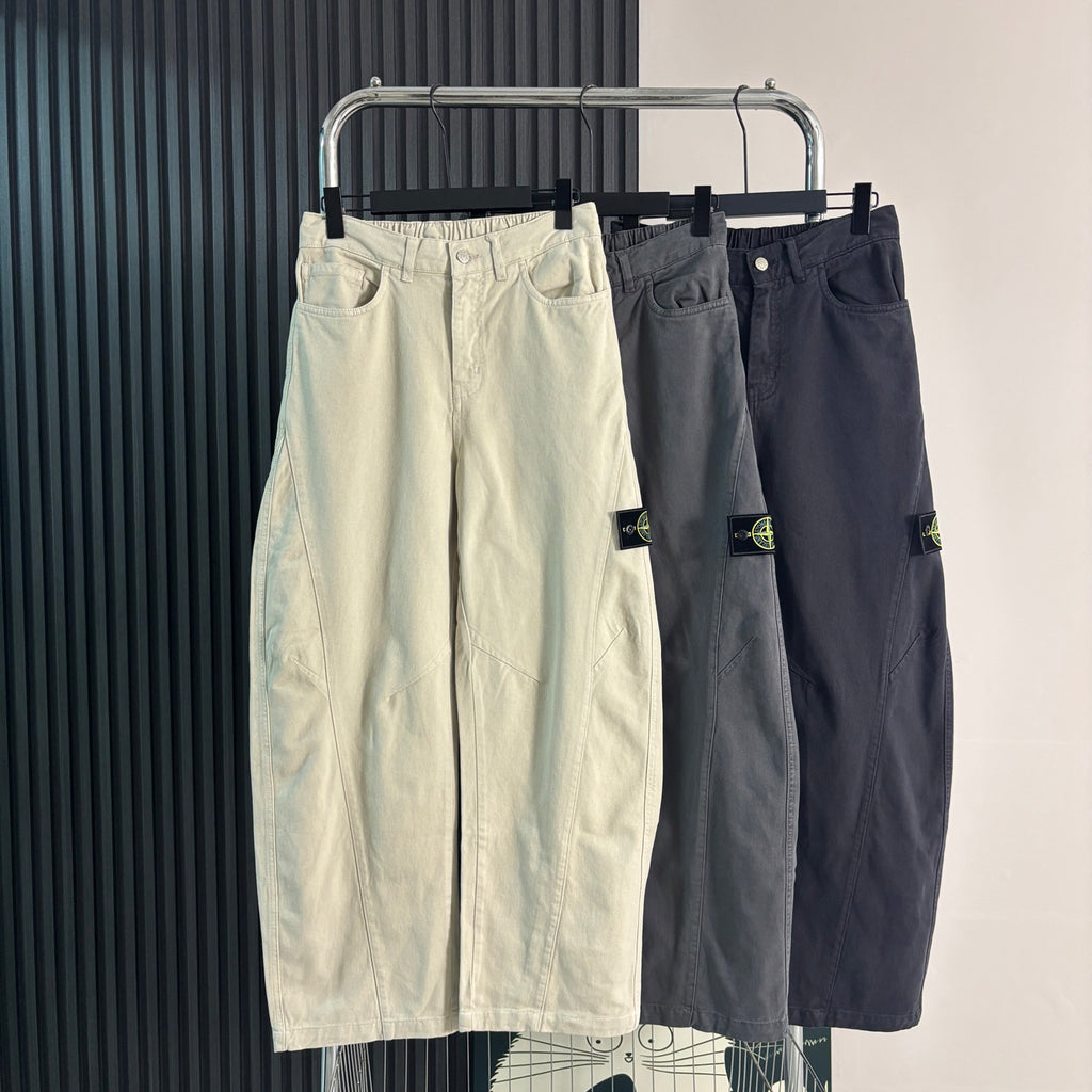 Stone Island Curved-Seam Wide Straight Cargo Trousers with Compass Badge