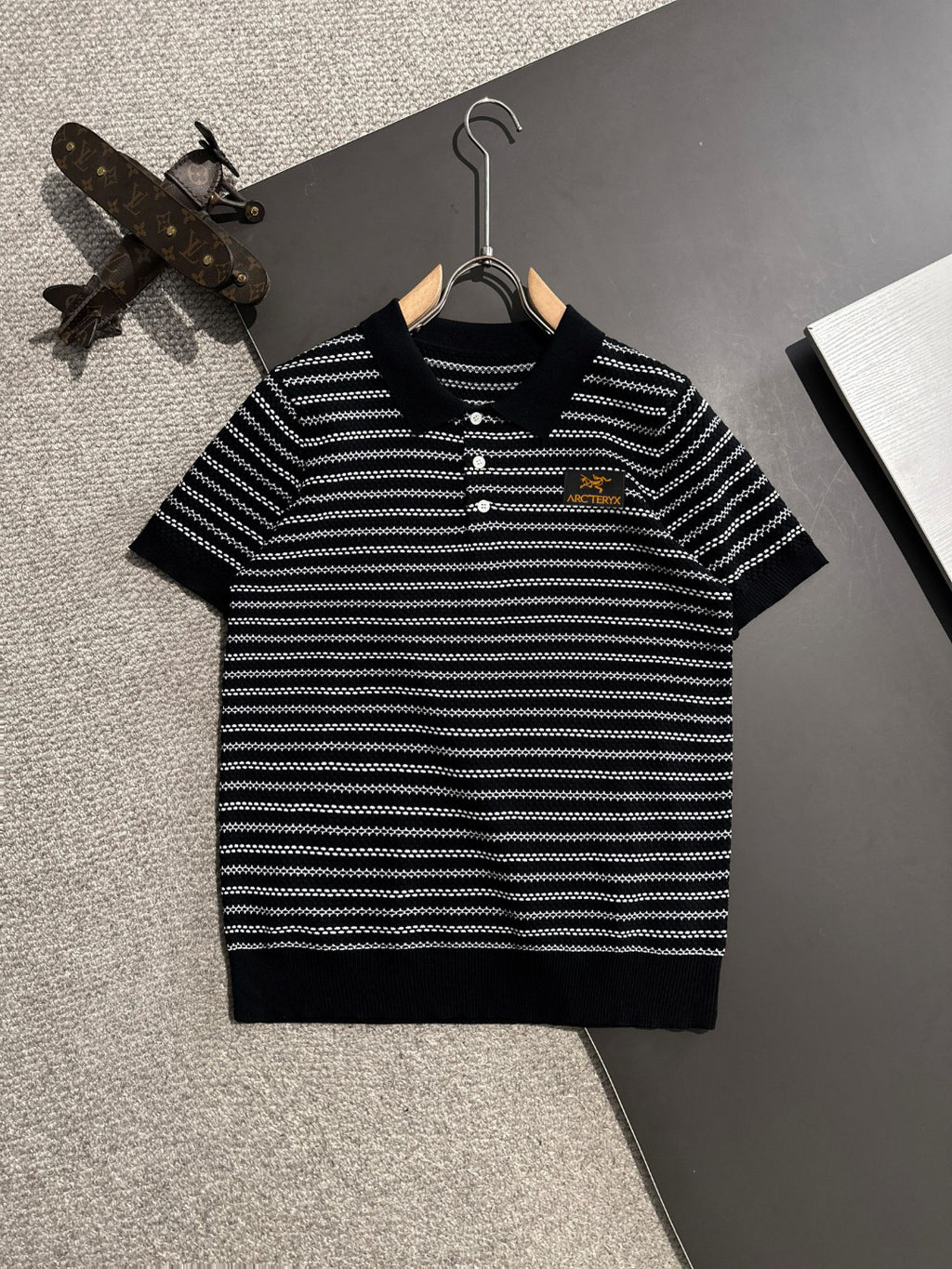Arc'teryx Jacquard Stripe Knit Polo Shirt with Gold Bird Woven Badge