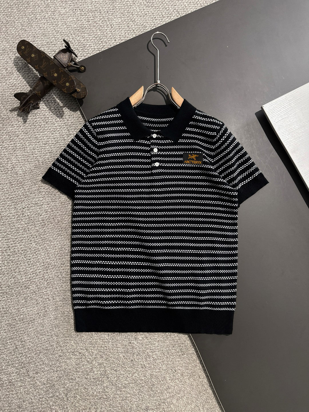 Arc'teryx Jacquard Stripe Knit Polo Shirt with Gold Bird Woven Badge