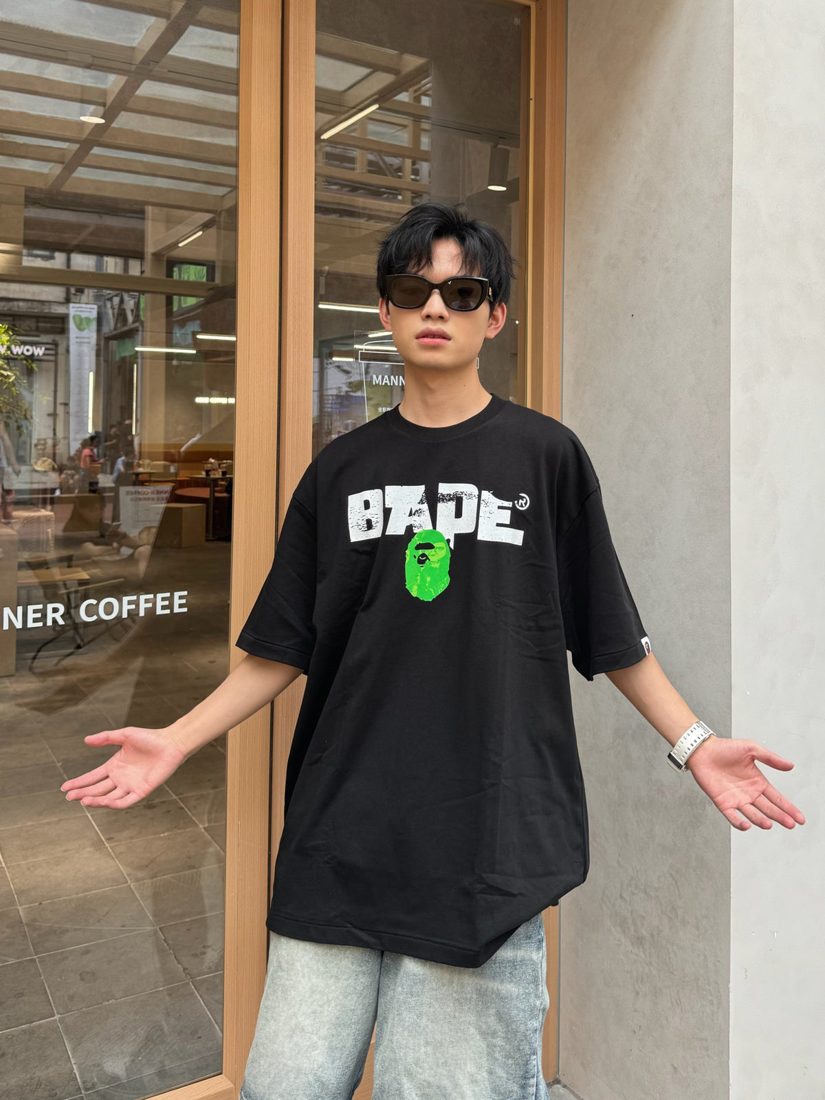 BAPE SS25 Ape Head Interlocking Distressed Block Logo & Neon Green Army Squad Back Print Oversized Heavyweight Unisex T-Shirt