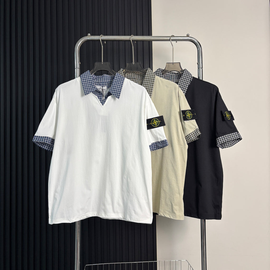 Stone Island Faux Two-Piece Short Sleeve Top with Gingham Collar
