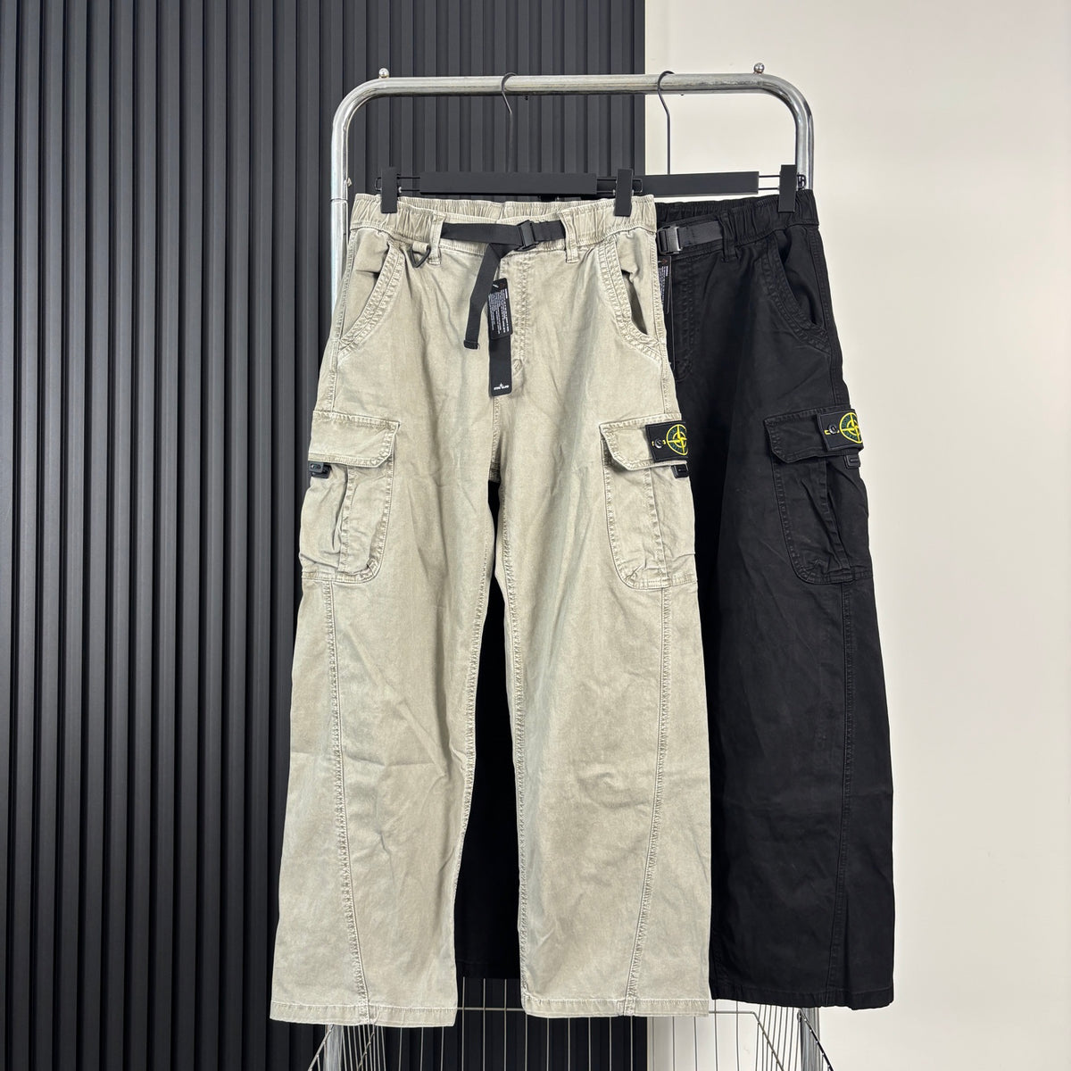Stone Island Washed Multi-Pocket Cargo Trousers with Buckle Belt and Compass Badge