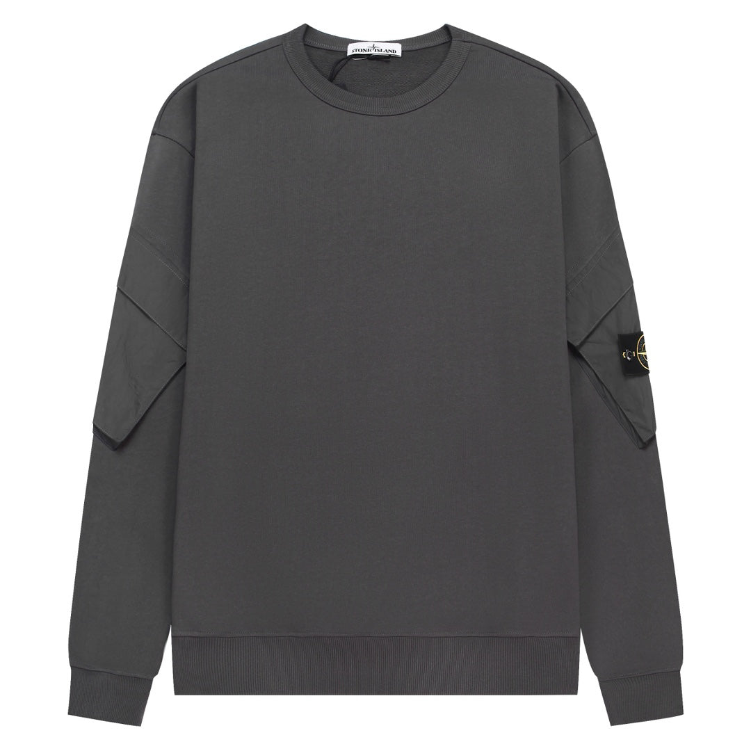 Stone Island Cotton Crew Neck Sweatshirt with Bilateral Sleeve Open Cargo Pockets and Compass Badge