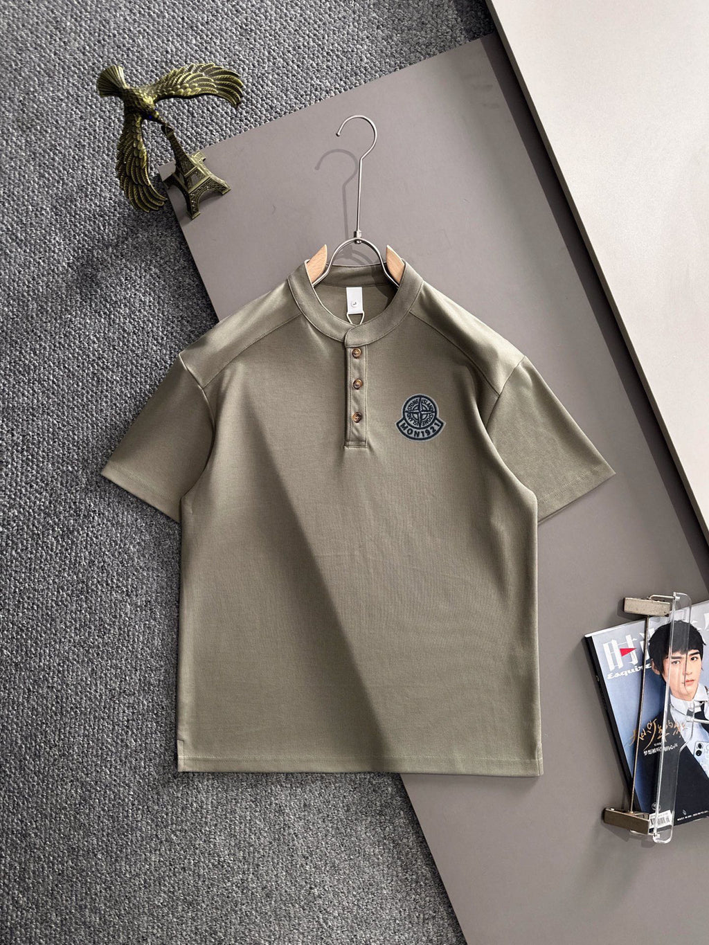 Moncler x Stone Island Structured Twill Henley-Collar Short Sleeve Top with Embroidered Compass Badge