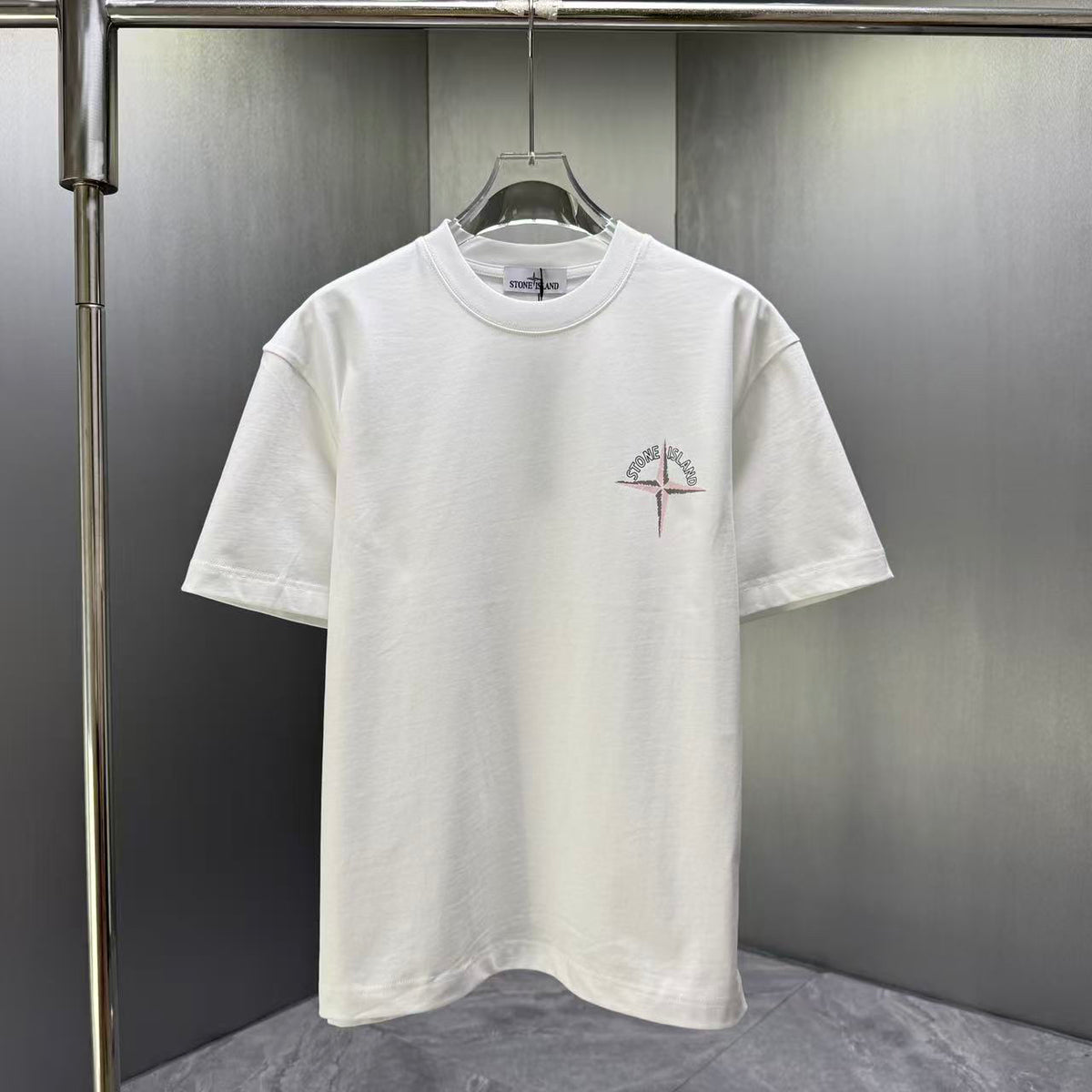 Stone Island Spring–Summer 2026 T-Shirt — Crystalline Prism-Effect Compass Star Print at Right Chest