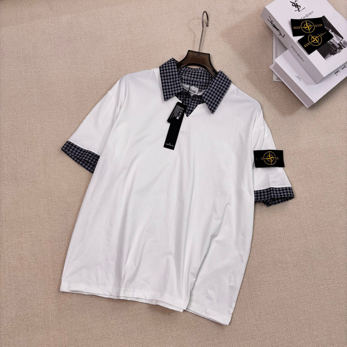Stone Island Faux Two-Piece Short Sleeve Top with Gingham Collar