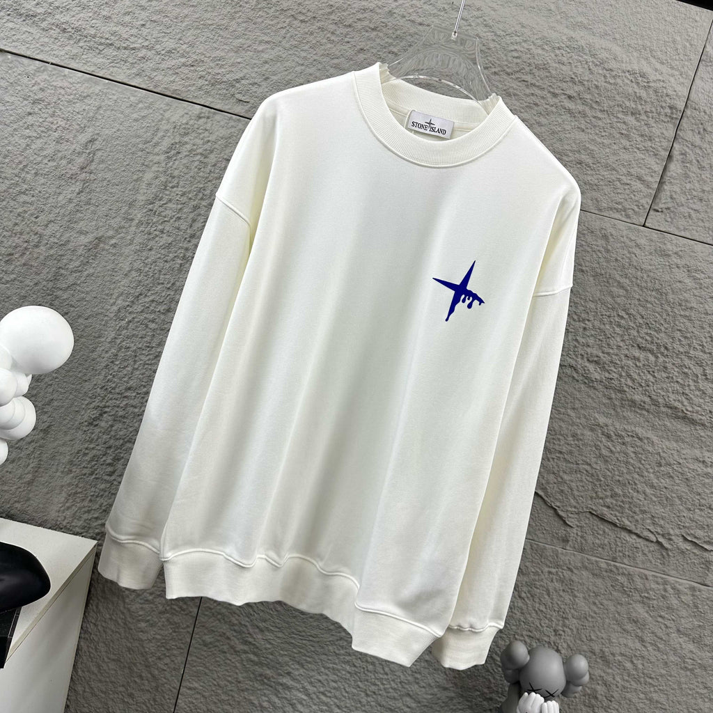 Stone Island Early Autumn–Winter 2026 Sweatshirt — Dripping Compass Star Flocked Logo at Left Chest, Dripping Compass Badge at Centre Back