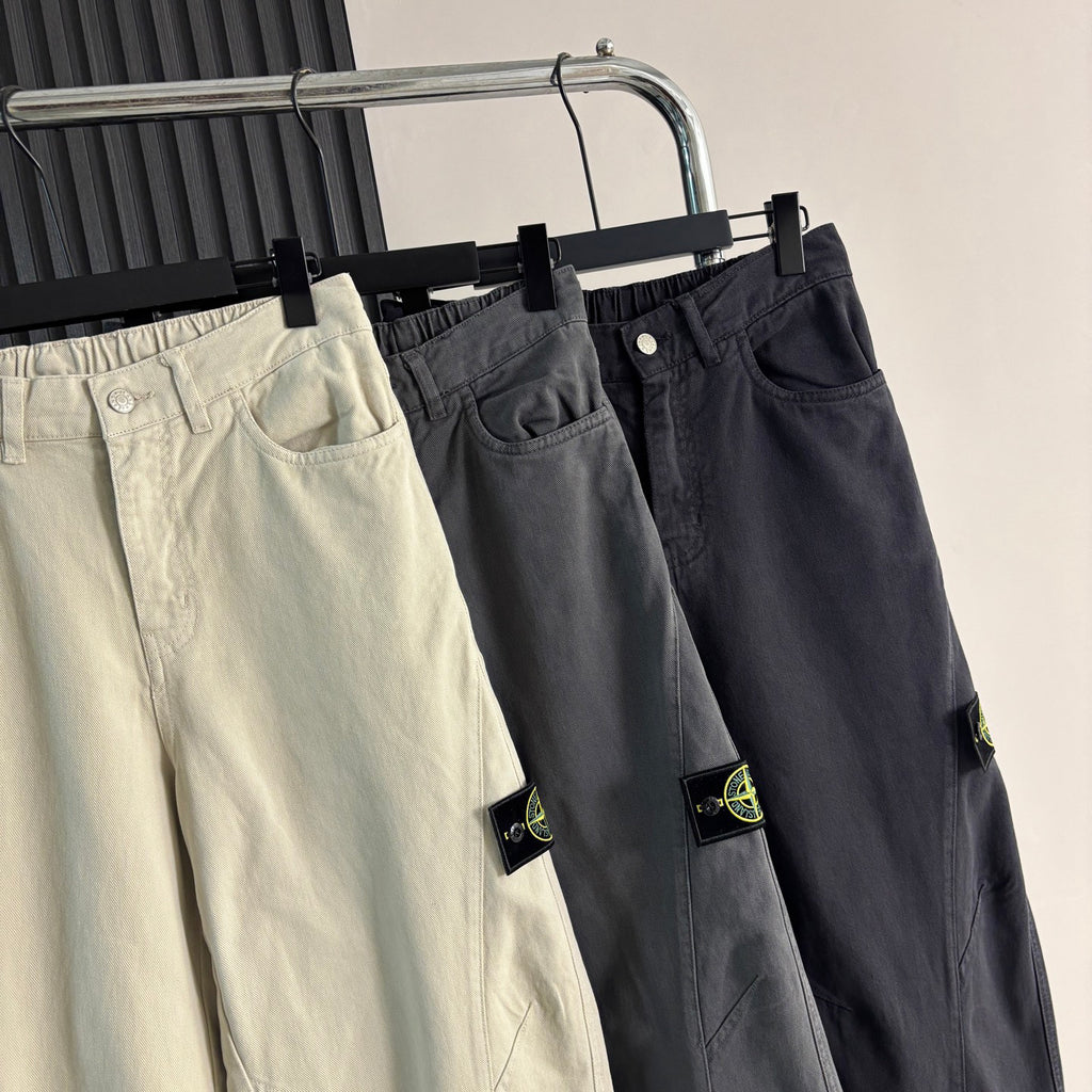 Stone Island Curved-Seam Wide Straight Cargo Trousers with Compass Badge